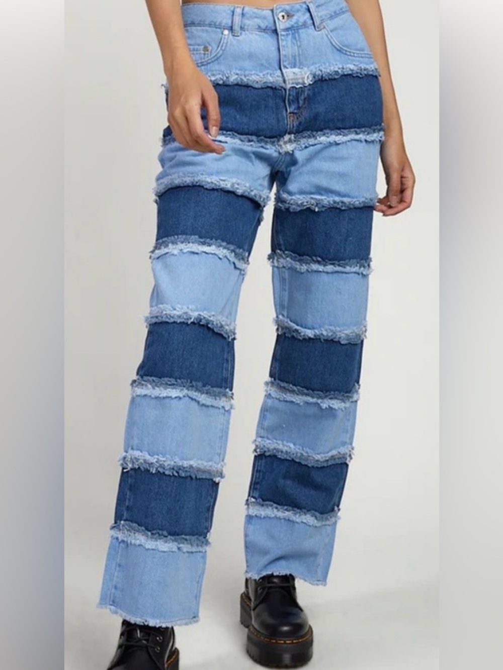 The Ragged Priest Wide Leg Raw Hem Patchwork Jeans